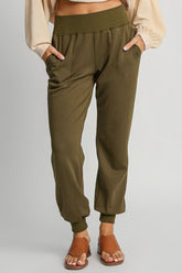 Umgee Full Size High Rise Elastic Waist Knit Joggers with Pockets Plus Size Olive OutfitFlow